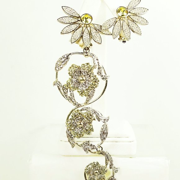 BURBERRY $1450 Half Daisy Drop & Stud Mismatched Earrings In Iris Yellow Crystal - Picture 11 of 11